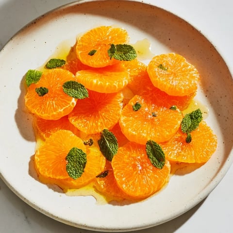 Vibrant Clementine and mint winter fruit salad features bright orange segments and fresh green mint.