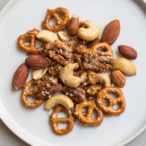 Golden-brown salted caramel pretzels and nuts snack, ready to be enjoyed as party treats.