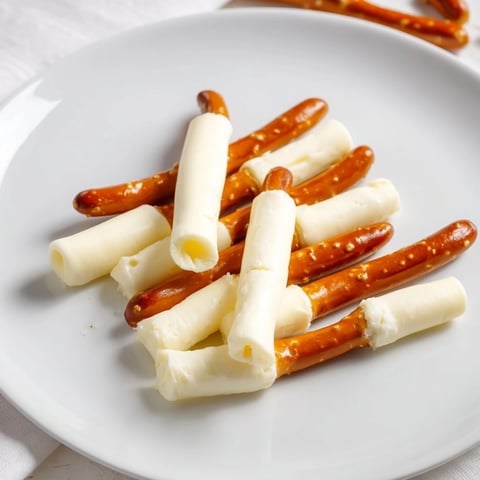 Creamy string cheese and crunchy pretzel rods make a quick, easy String Cheese & Pretzel Rods snack.