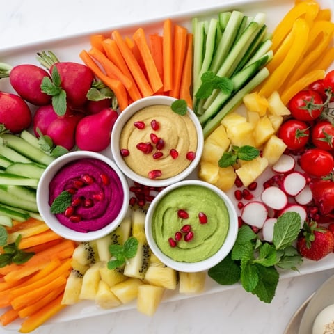 Vegan Global Gardener Platter with colorful veggies and fruits, ready to dip and enjoy!