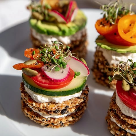 Gluten-Free Gourmet Tower bursts with vibrant colors from layered avocado, tomato, and fresh microgreens ready to serve.