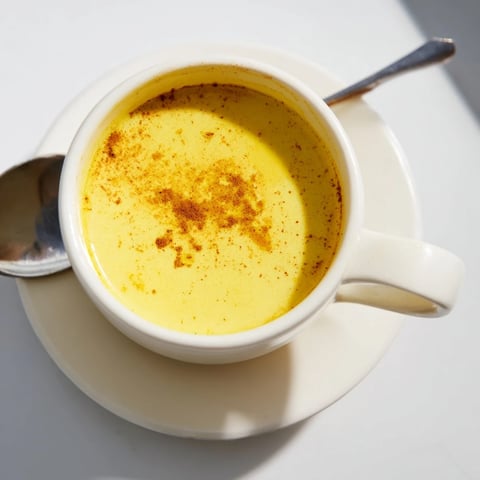 A warm mug of Turmeric and Golden Ginger Milk, its golden hue glowing beside cinnamon sticks and honey drizzle on a rustic table.
