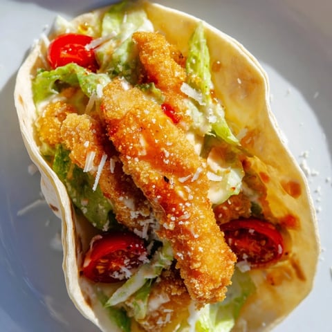 Freshly fried crispy chicken strips glistening with spicy hot honey nestled inside a warm flour tortilla with Caesar salad.