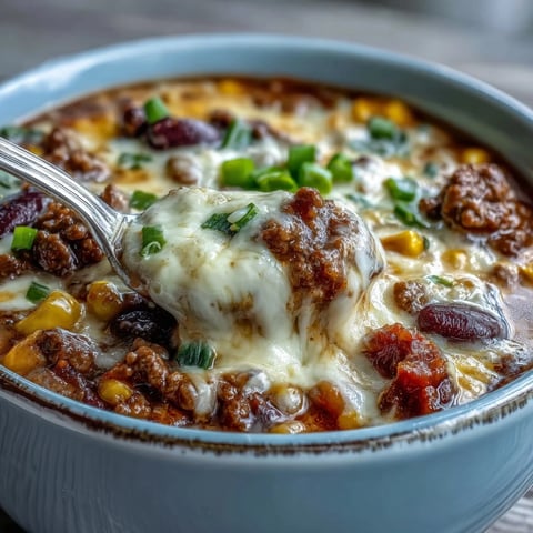 A steaming bowl of creamy taco soup topped with melted cheddar, green onions, and a dollop of sour cream.