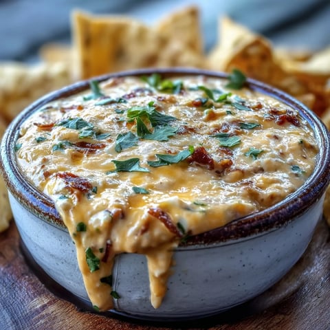 Creamy Queso Dip with melted cheddar and Monterey Jack, topped with fresh cilantro and diced tomatoes, served in a rustic bowl with tortilla chips.