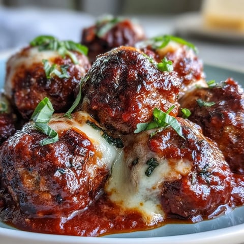 Golden-brown Cheesy, Garlicky Meatballs With Marinara bubbling in a skillet, garnished with fresh basil and parmesan for a hearty Italian dinner.