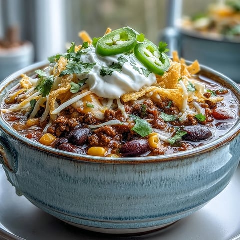 Hearty bowl of Taco Soup topped with shredded cheddar cheese, sour cream, and cilantro, steaming warmly.