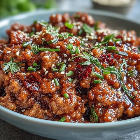 Savory Korean-Style Ground Turkey simmered in a glossy, spicy-sweet sauce, flecked with toasted sesame seeds and chives, served hot over steamed rice with crisp broccoli.
