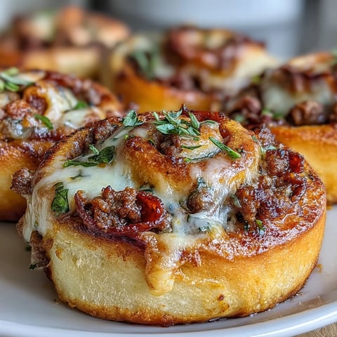 Freshly baked Irresistible High Protein Pepperoni Pizza Rolls with golden crust and bubbling cheese on a dark plate.