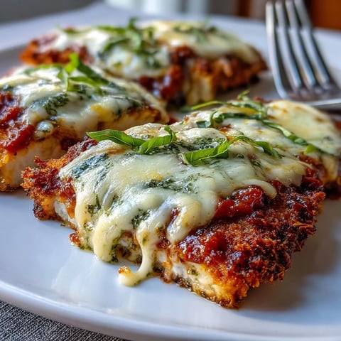 Golden-brown breaded chicken breasts topped with vibrant green basil pesto and melted mozzarella, ready to serve.