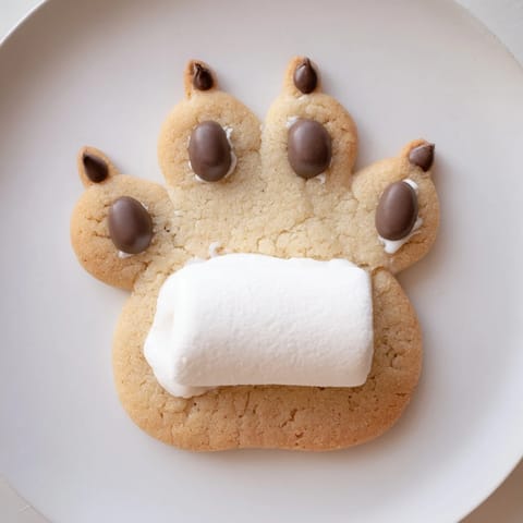 Close-up of adorable Polar Bear Paw Print Cookies decorated with chocolate chips, perfect dessert.