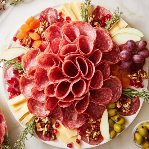 This beautiful close-up highlights the charcuterie meat rose arrangement, perfect for any special occasion.