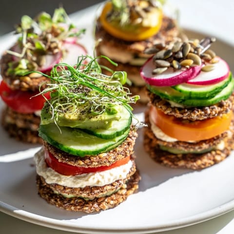 A stunning Gluten-Free Gourmet Tower appetizer with textures of crackers, bread, and creamy spreads, topped with chives.