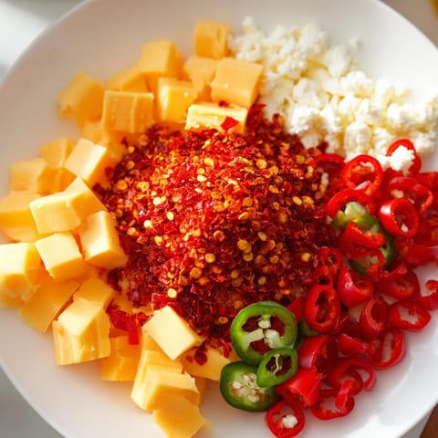 Arranging the Spicy Hot Take Platter with cheddar, peppers and hummus for a spicy taste.