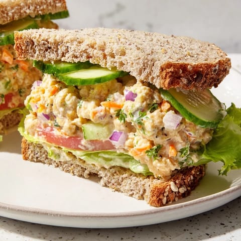 Golden-brown whole grain bread hugging a generous portion of creamy Easy Chickpea Salad Sandwich filling.