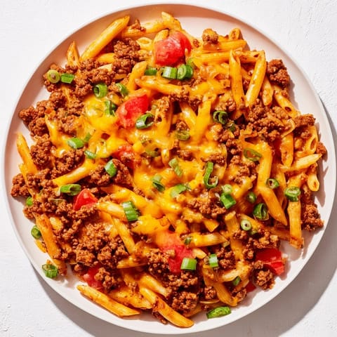 Cheesy, bubbling One-Pot Taco Pasta, fragrantly seasoned and ready to serve with sour cream.