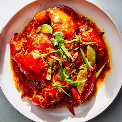 Close-up of succulent Singaporean Chili Crab, served with vibrant green cilantro and lime wedges.
