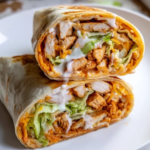 Juicy buffalo chicken and creamy ranch dressing spill from a warm tortilla, paired with celery sticks on a blue plate.