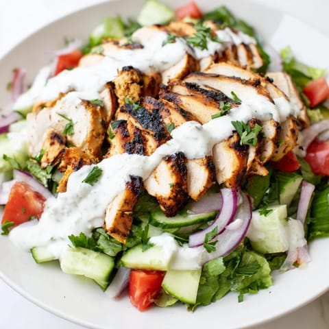 Bright Mediterranean-inspired ingredients like red onion and parsley make this colorful Chicken Shawarma Salad look fresh and ready to serve.