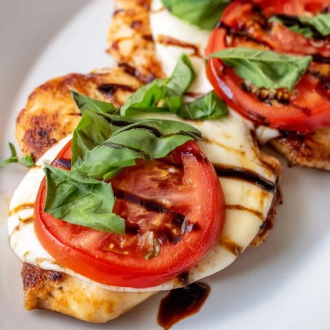 A close-up view of Caprese Chicken Skillet showing juicy tomatoes and creamy mozzarella melting over seared chicken, garnished with torn basil leaves for a fresh, aromatic finish.