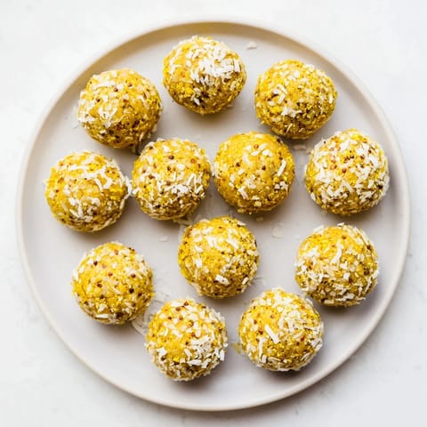 A close-up view of vibrant orange Ginger Turmeric Energy Balls with visible specks of ginger and turmeric on a white marble counter.