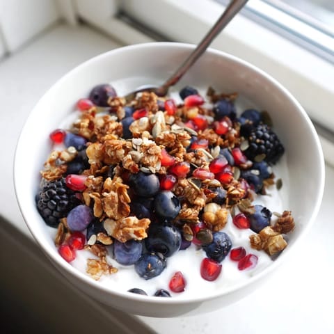 Homemade spiced crunch topping adds warm ginger and nutmeg notes to a bowl of probiotic yogurt and winter berries.