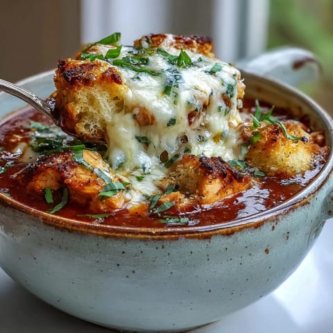 The finished Grilled Chicken Parmesan Soup simmering in a pot with grilled chicken, tomatoes, and aromatic herbs.