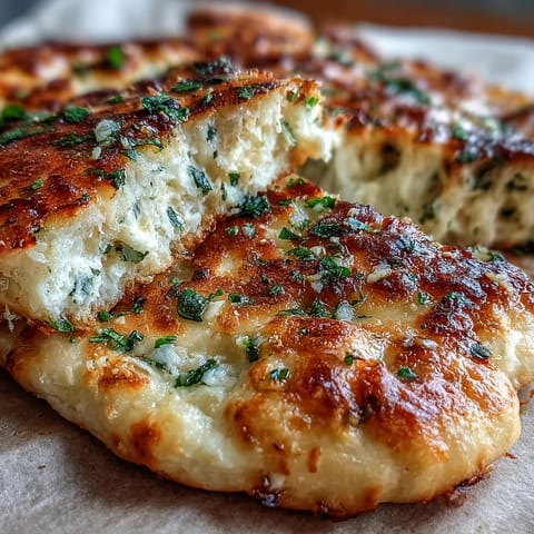 Golden-brown The Best Easy Garlic Naan Bread brushed generously with melted butter and minced garlic, resting on a wooden board.