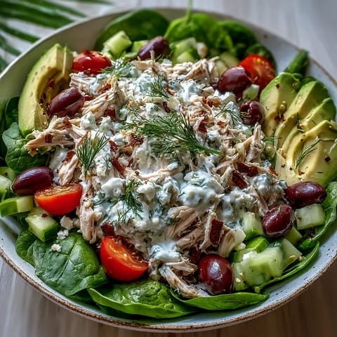 Close-up of Tzatziki Chicken Salad featuring juicy rotisserie chicken tossed in garlicky tzatziki with red onion and cherry tomatoes.