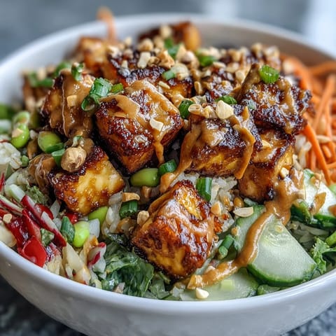 Colorful shredded cabbage, crisp cucumber slices, and tender edamame garnish this hearty Peanut Tofu Power Bowl, ready to be drizzled with rich sauce.