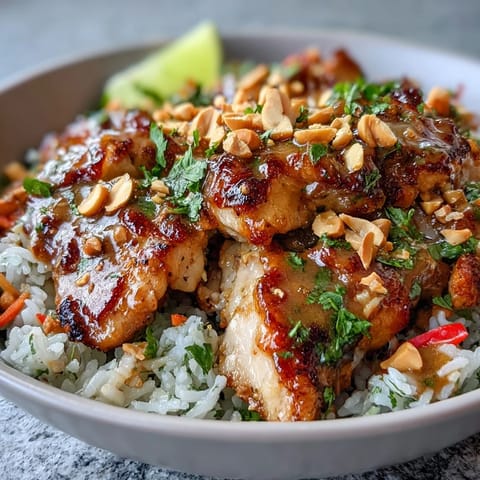 A drizzle of spicy Thai peanut sauce coats the ingredients, with fresh cilantro and chopped roasted peanuts scattered on top for texture.