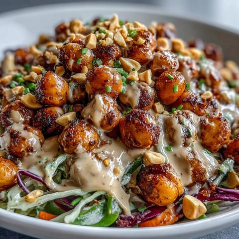 This vibrant Peanut Chickpea Protein Bowl features roasted chickpeas, fresh vegetables, and a generous drizzle of creamy peanut sauce.