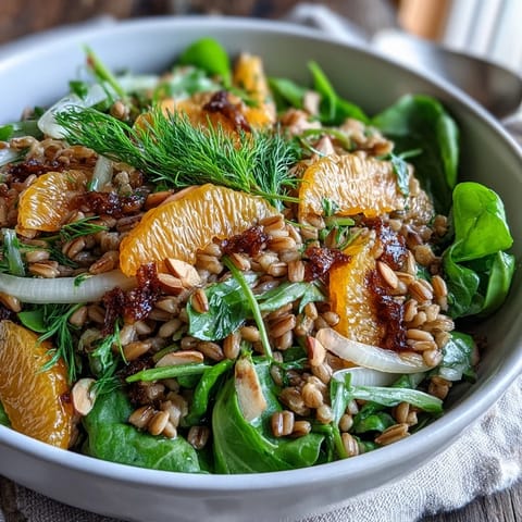 Farro Salad Bowl with Fennel, Oranges & Almonds served in a white bowl, garnished with fennel fronds.