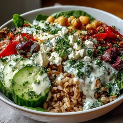 A wholesome Mediterranean Farro Bowl filled with hearty chickpeas, marinated olives, and crumbled feta cheese, served fresh alongside a vibrant spinach and bell pepper mix.