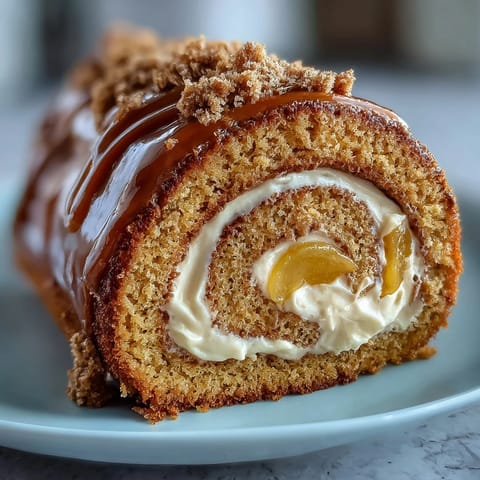 Golden slices of Hojicha Roll Cake reveal creamy roasted tea filling and bright mango strips on a white plate.