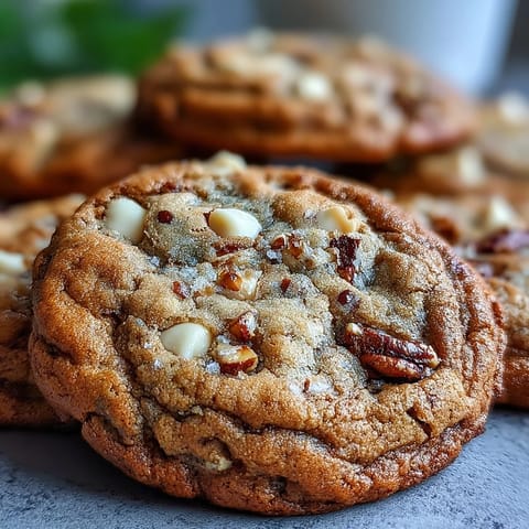 Freshly baked Brown Butter Hojicha & Earl Grey Cookies on a cooling rack, showcasing golden edges and white chocolate chips.