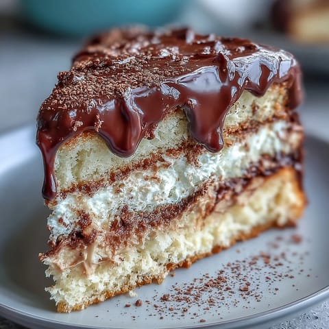 Freshly baked Hojicha Butter Cream Cake on a white plate, drizzled with rich dark chocolate ganache and dusted with roasted tea powder. 