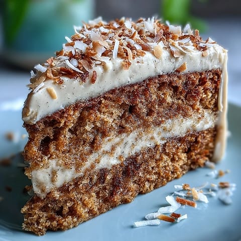 A thick slice of moist hojicha latte cake with fluffy coconut frosting on a white plate, ready to be served with a hot beverage.