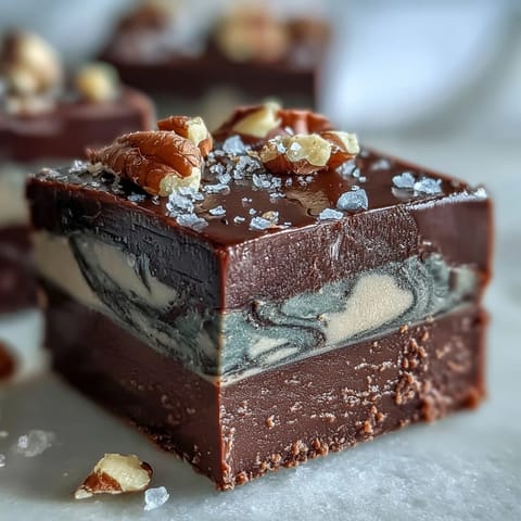 Close-up of glossy Hojicha Fudge squares with a rich, dark chocolate hue and slightly crumbly texture from the roasted tea powder.