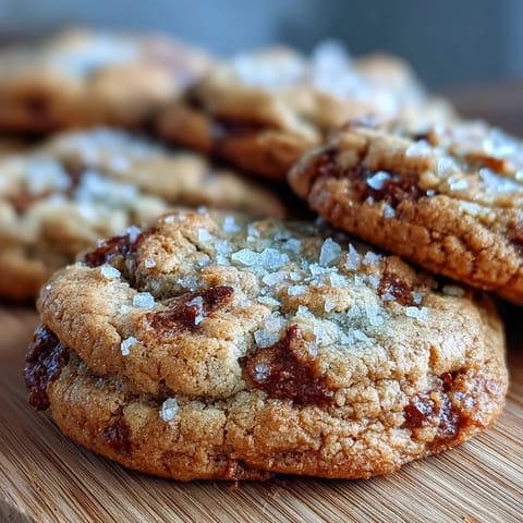 Delicious Hojicha Brown Butter Cookies are ready to serve on a wooden board, garnished with a light sprinkle of flaky sea salt.