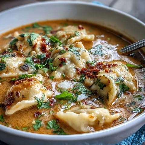 A comforting serving of Quick Coconut Curry Soup with Dumplings, featuring vibrant vegetables and rich coconut broth.