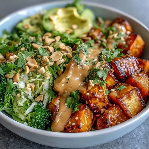 Colorful shredded cabbage, grated carrots, and sliced avocado fill this Thai Peanut Sweet Potato Buddha Bowl, perfect for a vibrant lunch. 