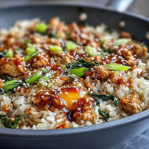 Golden ground turkey and vibrant carrots in a spicy gochujang sauce over fluffy rice.