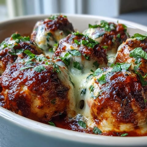Freshly baked spicy chicken parm meatballs bubbling in rich marinara sauce with melted mozzarella.