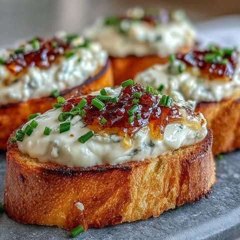 Golden toasted baguette slices topped with creamy hot honey goat cheese crostini and fresh thyme on a rustic board.