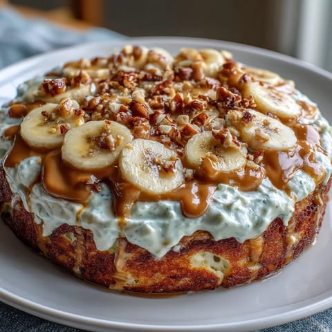 Golden-brown High-Protein Breakfast Pizza Bowl fresh from the oven, topped with creamy Greek yogurt and ripe banana slices.