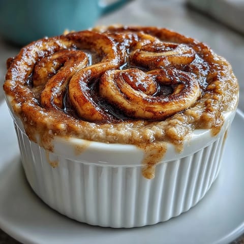 Golden brown Cinnamon Swirl Protein Banana Baked Oats with a visible cinnamon ribbon, served warm and ready to enjoy with a hot cup of coffee.