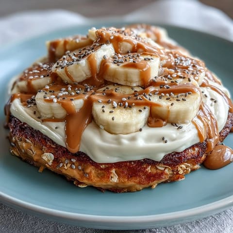 A close-up of the High-Protein Breakfast Pizza Bowl with golden pancake base and creamy Greek yogurt frosting.