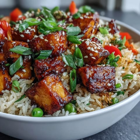 Hot wok-tossed Crispy Sesame Tofu Fried Rice with glistening sesame oil and fluffy day-old rice.