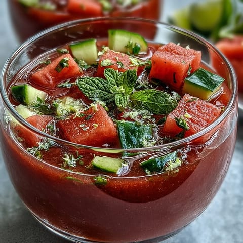 Spoon-ready Vegan Watermelon Mint Gazpacho with Cucumber and Lime, featuring a bright red hue and garnished with crisp cucumber and mint leaves.